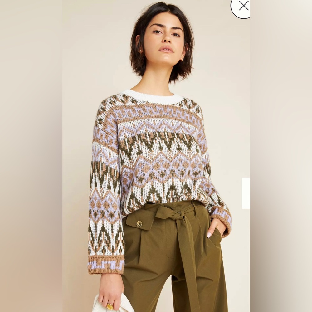 Anthropologie Fabiana Knit Fair Isle Wool Chunky Boxy Sweater Purple Size Small